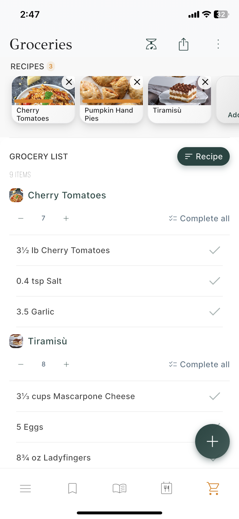 Household groceries screen